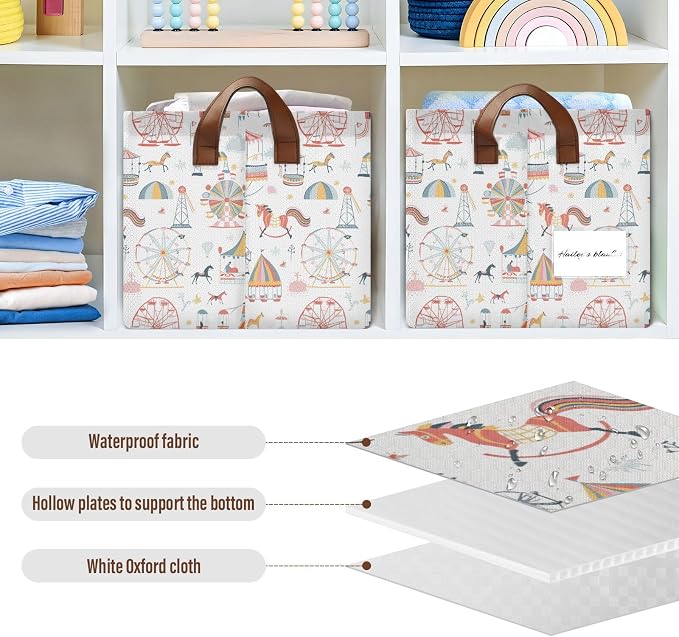 Ferris Wheel Theme Park Baby Storage Basket with Labels&Handles Rectangular Waterproof Nursery Storage Bins Collapsible Shelf Organizer Baskets for Kids Books Cloth Gift Toys Laundry