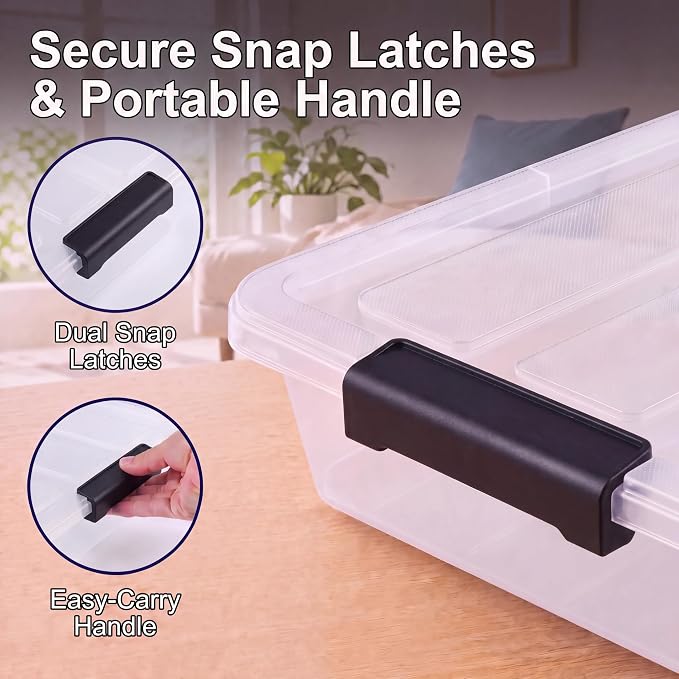 6 Qt Plastic Storage Bins with Lids,Sensory Bins,Stackable Clear Containers with Secure Latches,Multi-Purpose Classroom Storage Organizer for Craft Supplies,Paper & Office Stationery,4 Pack,Black | Stackable, Secure Latches, Multi-Purpose Classroom Sto...