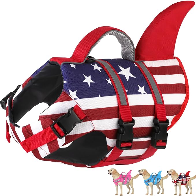 Dogcheer Dog Shark Life Jacket, Dog Harness Life Vest - US Flag,M | High Buoyancy American Flag Puppy Swim Vest for Swimming Boating, Reflective Dog Float Vest DFD for Small Medium Large Dogs