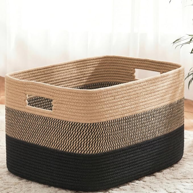 Artfeel Blanket Basket,Rectangle Woven Baskets for Storage,65L Laundry Basket for Decorative Nursery Blanket,Toys,Dirty Clothes and Magazine in Shelves,Baby Room,and Living Room