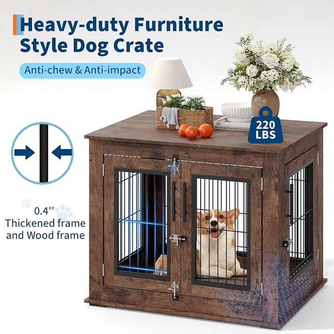 Farmhouse Dog Crate Furniture End Table - Heavy Duty Wooden Kennel Cabinet with Double Doors for Small/Medium Dogs, Rustic Brown Indoor Dog House Furniture Console for Living Room