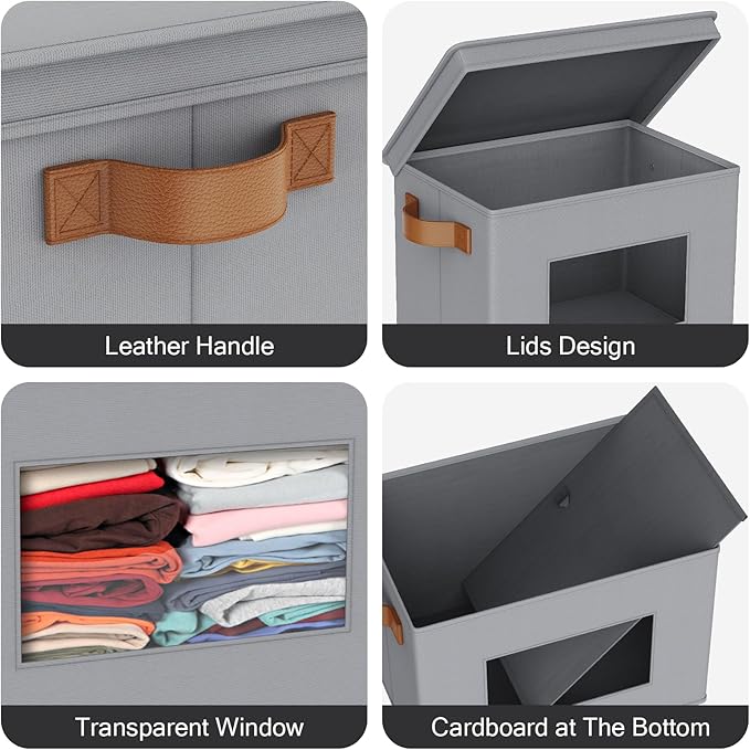 Univivi Fabric Storage Bins with Lids for Clothes 3 Pack, Grey | 17 x 12 x 12 In Foldable Storage Boxes with Handles, Clear Window, Closet Organizers for Home, Bedroom