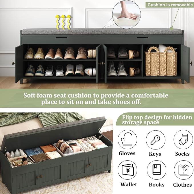 HOMEFORT 54.4" Shoe Bench with Lift Top Storage, Entryway Bench with Cushioned Seat, Wooden End of Bed Bench, Shoe Cabinet Bench with Hidden Storage Space, for Bedroom, Hallway,Green