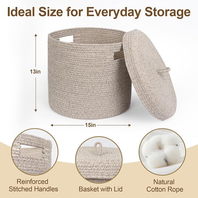 Storage Basket with Lid, Woven Blanket Storage for Living Room, Soft Cotton Rope Bin with Lid, Round Wicker Laundry Basket with Cover, Lidded Kids Dog Toy Bin, Nursery Organizer, 15" x 13"