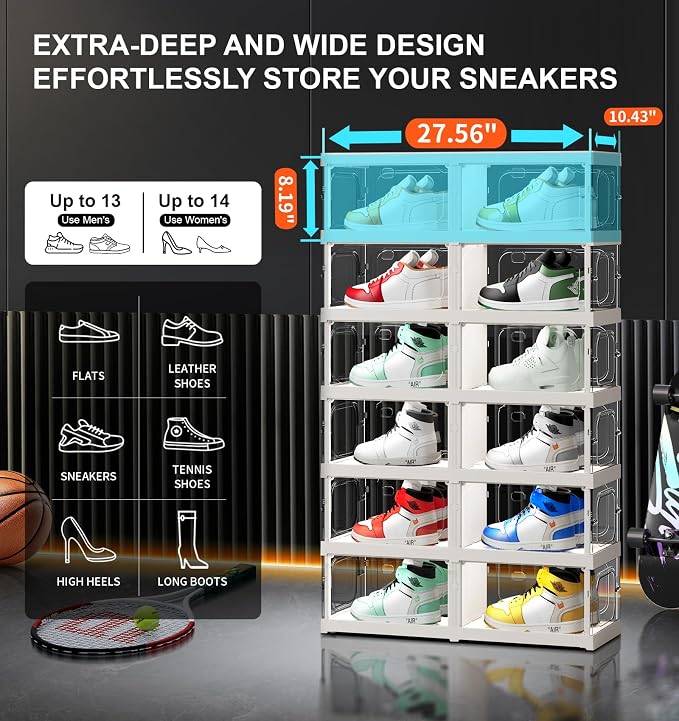CIMLORD 6-Tier Foldable Shoe Rack Organizer, Magnetic Doors,12 Pairs,White | Collapsible Plastic Shoe Cabinet, 4-Sided Clear Doors, Stackable, Fits High Shoes&Sneakers, Easy Assembly, Closet, Cloakroom