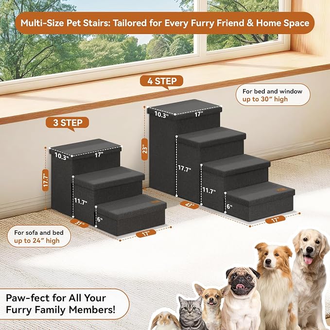 Zerbuger Dog Stairs with Storage, Dark Grey 4 Steps Dog Ramp no Condo | 23" H Wider Dog Steps for High Beds Couch, Folding Storage Pet Stairs Gift for Climbing Small/Medium/Large Old Dogs Cats