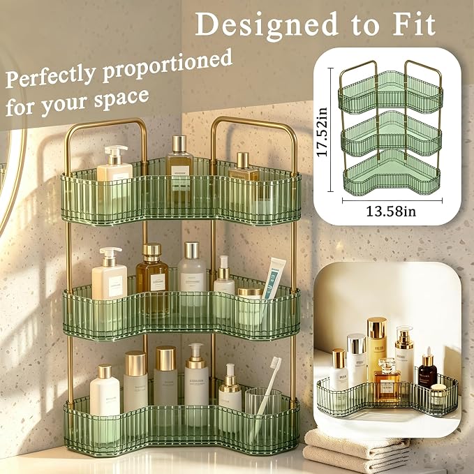 3-Tier Corner Bathroom Organizer, Skincare Vanity Counter Shelf Green | Premium PET Perfume Display Stand with Gold Metal Rods, Space-Saving 90 Degree Storage Rack for Dresser