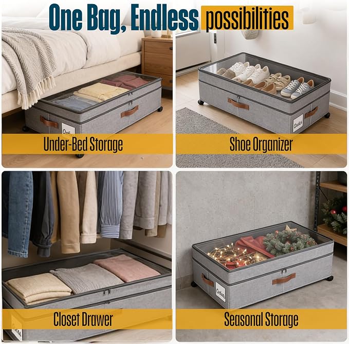 Under Bed Storage Organizer with Wheels, Rolling Under Bed Storage Containers with Clear Lid, Dual Zippers, Handles, Storage for Clothes, Shoes, Blankets, Toys, 2-pcs Under Bed Drawers(Grey)