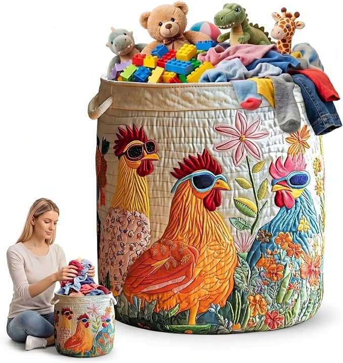 Quilted Country Laundry Basket, Rustic Fabric Storage Hamper with Handles, Large Clothes Bin for Bedroom, Neat Laundry Room Arrangement(16" x 22")