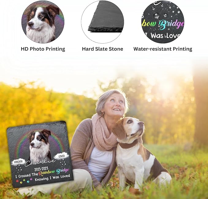 Wrappiness Pet Memorial Stone - I Crossed The Rainbow Bridge, Personalized Dog Memorial Gifts, Remembrance Condolences Bereavement Gifts for Loss of Pet Custom Photo (Square 04, Stone)