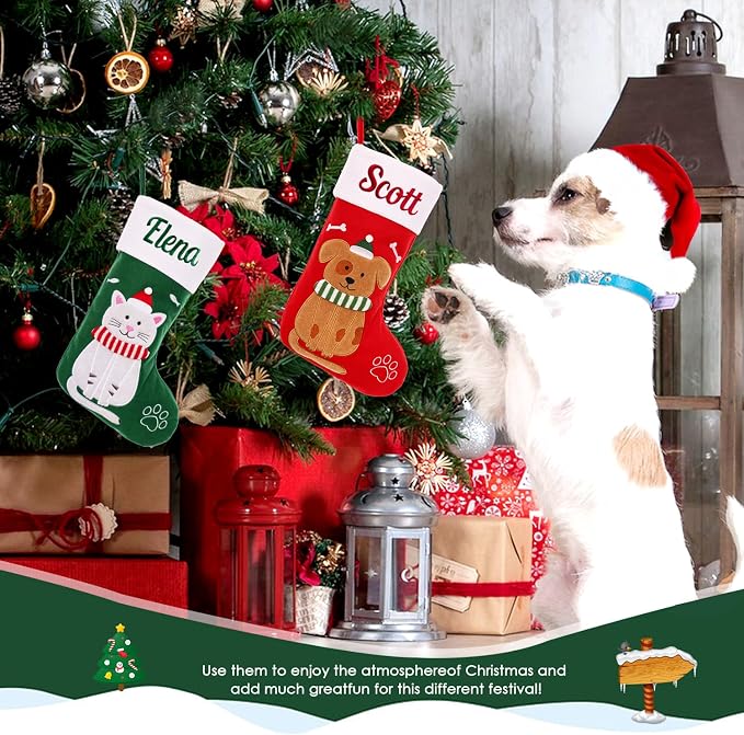 Personalized Christmas Stockings for Dogs Cats, Custom Pet Christmas Stockings with Embroidered Name, Red Green Dogs Cat Xmas Stockings for Holiday Decoration (5 Pcs)