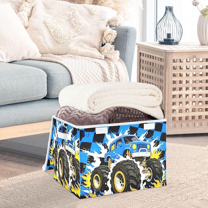 Fabric Storage Bins with Lid Monster Truck Closet Storage Basket 40L | Decorative Storage Boxes, Foldable & Stackable, Dust-Proof Flip Top, Reinforced Handles, For Home & Dorm, Clothes & Toy Box