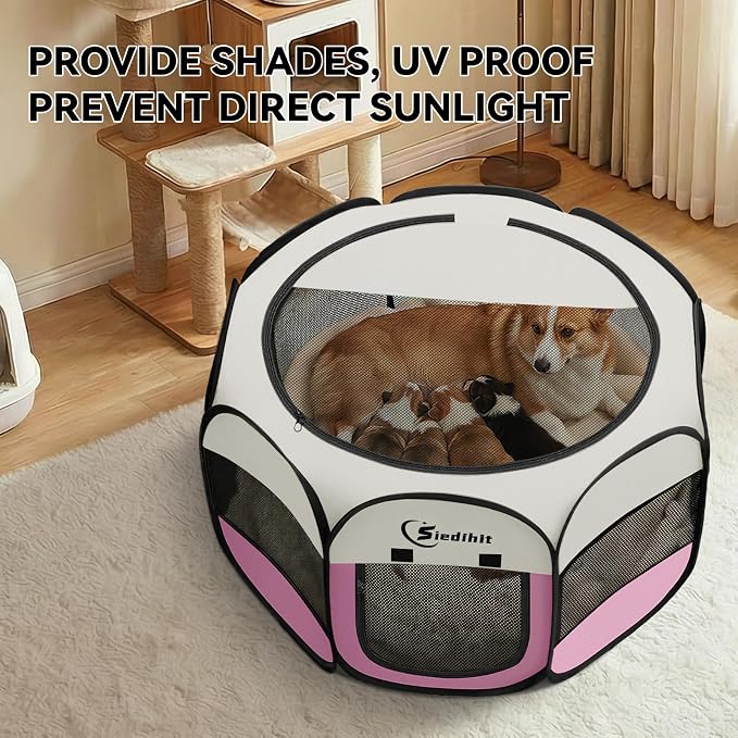 Sieidihit Dog Cat Pet Playpen Puppy Crate Cage Indoor Outdoor, Medium Pink | Nursing Rest Zone Recovering Pet Quarantine Room Portable Pop Up Easy to Set up lightweight Carrying Bag Wide applicability