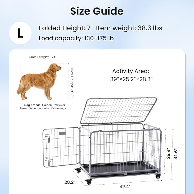 ZOMISIA Collapsible Dog Crate for Large Dogs - 42 inch Escape Proof Double Door Metal Dog Kennel with Lockable Wheels, Easy Assembly Foldable Cage with Removable Tray, Indoor Outdoor Use, Silver Gray
