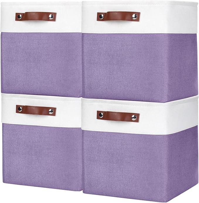 Bagnizer Collapsible Fabric Storage Cubes 11x11 Cube Storage Bins, 4 Pack Closet Baskets Box with Handles for Organizing, Shelf, Toys, Clothes, Home, Office, Nursery (Purple&White)