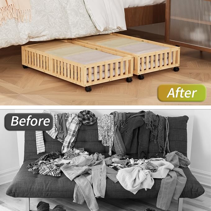 Under Bed Storage with Wheels, 2 Pcs Bamboo Drawers for Clothes and Toy | 360° wheels glide smoothly. Sturdy bamboo frames hold clothes, shoes, bedding and toys. Easy pullout access keeps rooms tidy