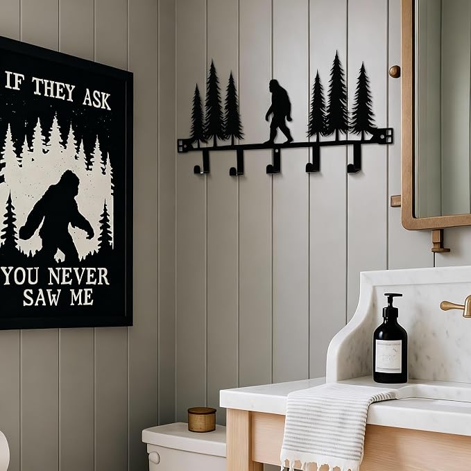 AceOrbit Black Bigfoot Over The Door Hooks Hanger 5 Hooks Rustic Decor | for Bedroom Bathroom, Organizes Towels Hats Clothes, Farmhouse Decor, Over the Door for Kids