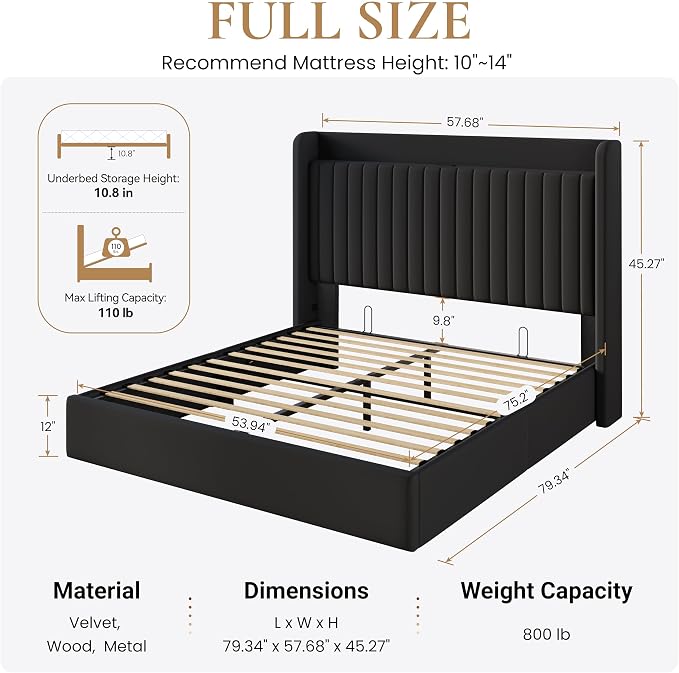 SHA CERLIN Full Size Lift Up Storage Bed Frame, Charging Station, Black | Storage Headboard with Charging Station, USB, Type-C Port Velvet Hydraulic Storage Bed No Box Spring Needed Noise Free