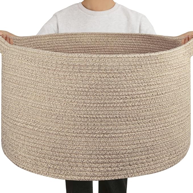 OIAHOMY 90L Extra Large Blanket Basket - Decorative Cotton Rope Storage Basket for Bedroom, Living Room & Nursery - Woven Laundry Hamper for Organizing Blankets, Clothes & Toys - Brown