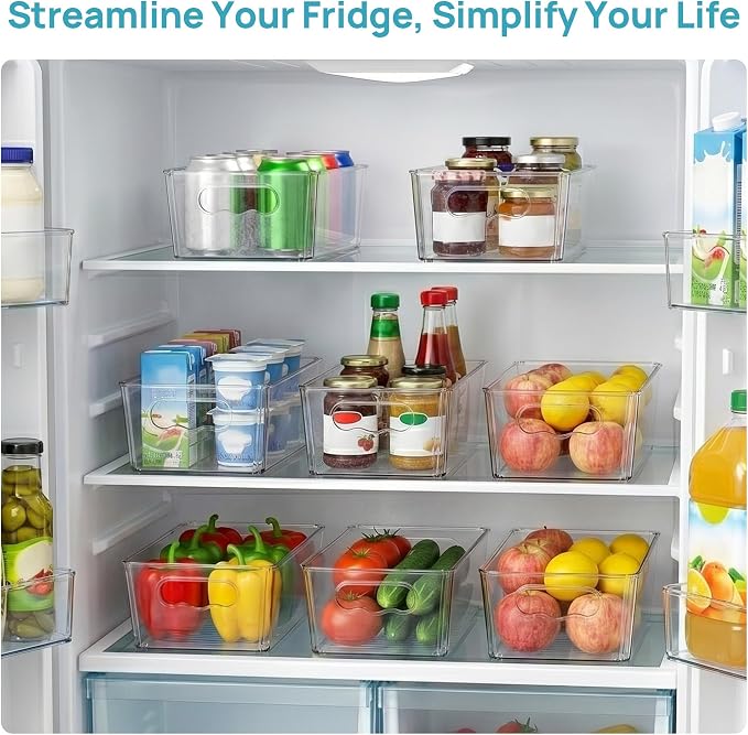 Vtopmart 8pcs Clear Storage Bins with Handles | BPA-free Plastic Storage Containers, Easy to Move, For Fridge Freezer, Pantry Cabinet Kitchen Organization, Built to Last