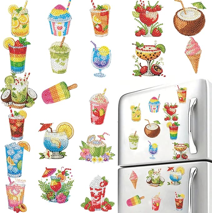 20pcs Drinks 2D Acrylic DIY Diamond Art Magnets Food Fridge Magnet | Elegant Set with Beautiful Patterns and Magnetic Design for DIY Crafts, Perfect for Home, Office, Kitchen Decor, Gift for