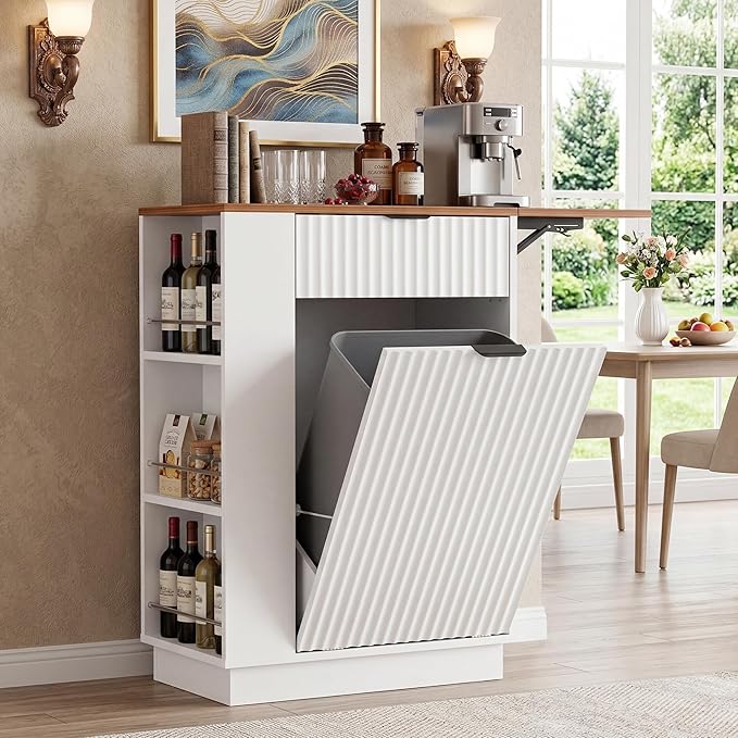 10 Gallon Tilt-Out Trash Can Cabinet with Drop Leaf, Drawer & Side Shelves.
