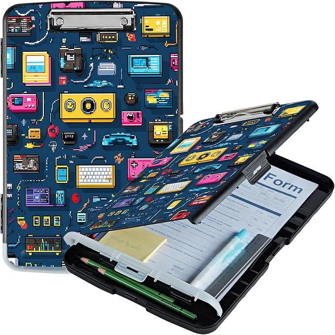 A4 Clipboard with Storage Pen Holder, Clipboards Organizer Nursing Clipboard Foldable File Folder Plastic Clipboard Folio Clip Board for Office Work Classroom Doctor, Retro Radio
