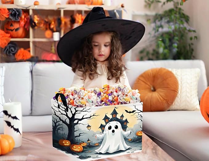 Large Halloween Themed Candy Gift Boo Basket for Kids Baby Personalized Adults Storage Bin Fall Decor(Terror Spooky Pumpkin)
