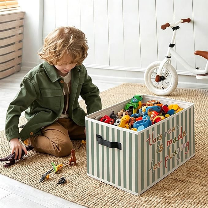 Retro Kids Nursery Playroom Foldable Storage Bins Box with Handles, Green Striped This Room Is Made for Playing Decorative Storage Boxes Baskets Toybox Organizer for Boys Girls Kids Bedroom