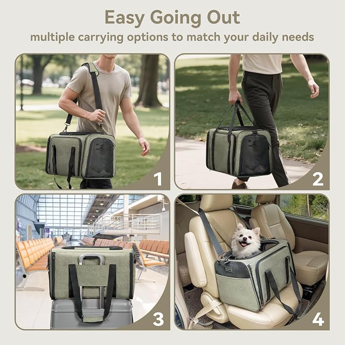 Petsfit Large Expandable Cat Carrier for Travel, Up to 18 lb | 19 x 12 x 12 in; roomy expandable space with a reinforced frame, locking zippers, interior safety tether and large pocket.