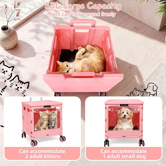 2-in-1 Foldable Shopping Cart & Rolling Pet Carrier, 55L Collapsible Utility Cart with Wheels, Pet Carrier with Telescopic Handle for Cats & Small Dogs, Portable Grocery Cart for Picnic, Travel-Pink