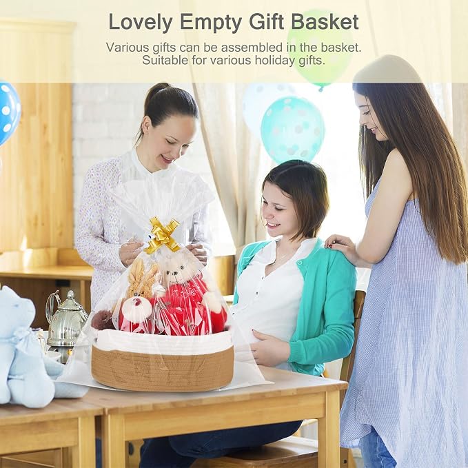 Small Woven Gift Basket with Bag & Ribbons, Camel | Cotton Rope, 13”x 9”x 5.5”, Fits for Kids, Women & Men, Bedroom, Living Room, Nursery & Bathroom Storage, Cat & Dog Toy Boxes