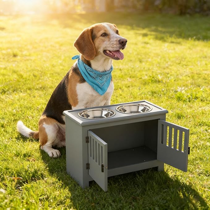 Dog Feeding Station with Storage, 2 Stainless Steel Bowls, Gray, Elevated Dog Bowl Holder, Dog Feeder Stand, Wooden Dog Food Organizer for Indoor, Dog Food Storage Cabinet