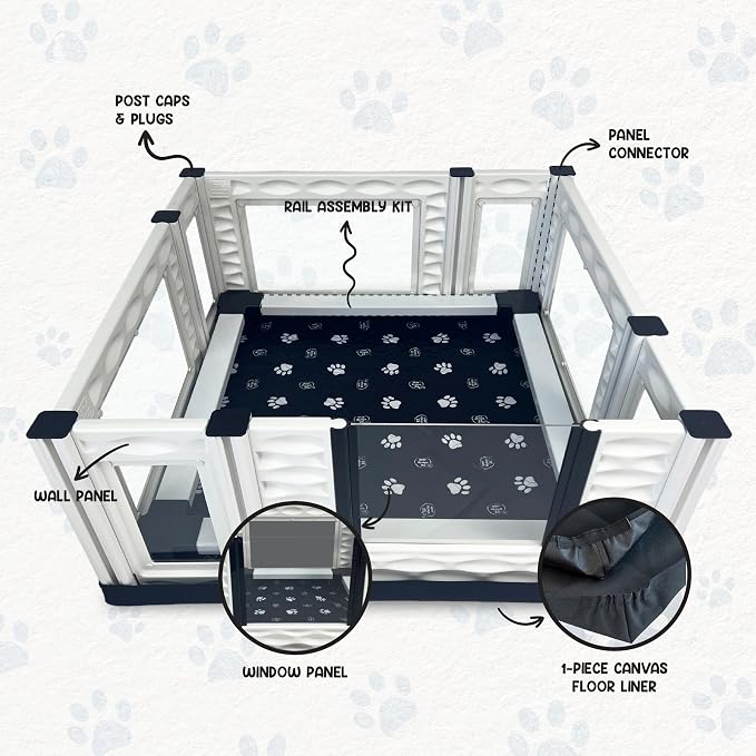 EZclassic 38x38x18 in Whelping Box, Windowed Walls & Rails, Gray | 38x38 padded whelping box with windowed walls, puppy safety rails, waterproof gray pad, and sturdy portable build