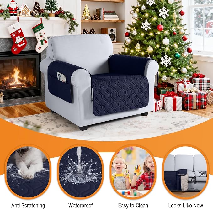 VANSOFY Waterproof Chair Seat Cover for Pets, Dark Blue, 22" | Non-Slip, Washable, Utility Pockets, Pet Friendly, Furniture Protector Slipcover for 1 Seater Couch
