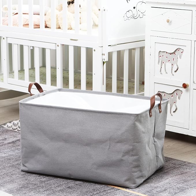 Hinwo 70L Extra Large Canvas Storage Bin with Lid and Handles, 6-Pack | Collapsible Fabric Baskets, Closet Shelf Organizers, Containers for Clothing, Blankets, Toys, Bedding (Gray)