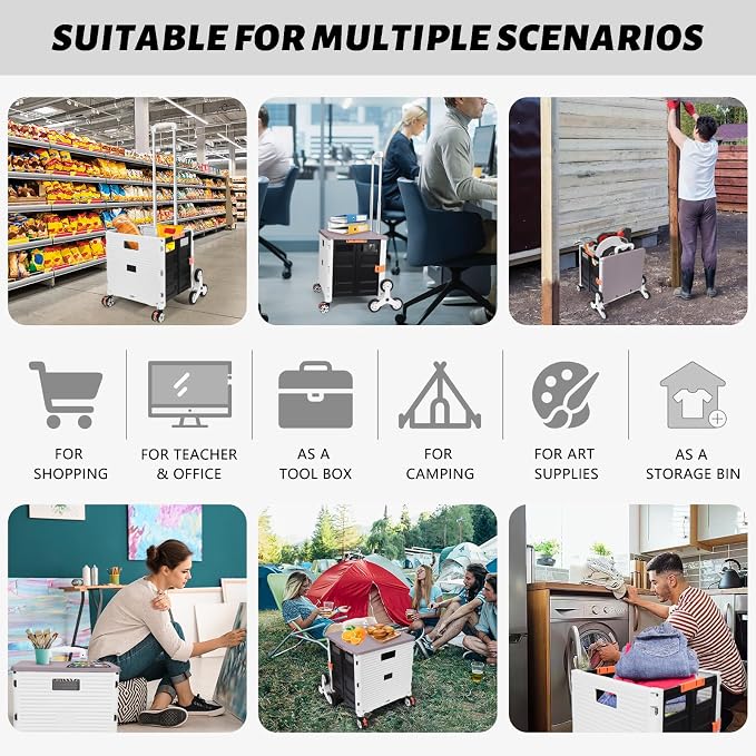 FELICON SELORSS Folding Utility Climber Cart Portable Rolling Crate-White | Stair Climbing Wheels+360°Swivel Wheels,Telescoping Handle,Plastic Box Dolly for Travel Shop Move Laundry Office Teacher Use