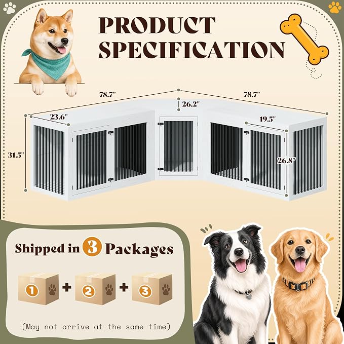 AMERLIFE 128" Extra Large Dog Crate Furniture, 3-in-1 Corner Dog Kennel | Dog Cage with Storage and Divider, Space-Saving Design, Heavy Duty Crate for Medium/Large Dogs, White