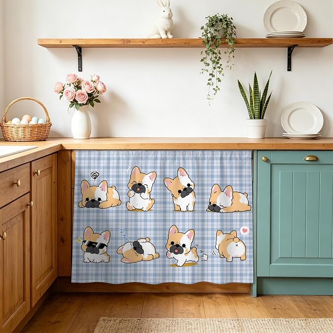 Cute Puppy Oven Skirt Curtain for Kitchen Decor 28"x35", Blue Purple Plaid Modern Funny Dogs Pet Self Adhesive Stove Curtains Skirt Cabinet Curtains for Bathroom Laundry Room