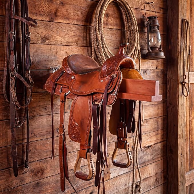 Novabright 1 Pcs 17" Folding Pine Wood Saddle Rack Wall Mount,Brown | Wall-mounted Saddle Holder with Hook Saving Space Rack for English & Western Saddles, Durable Portable Equestrian Storage