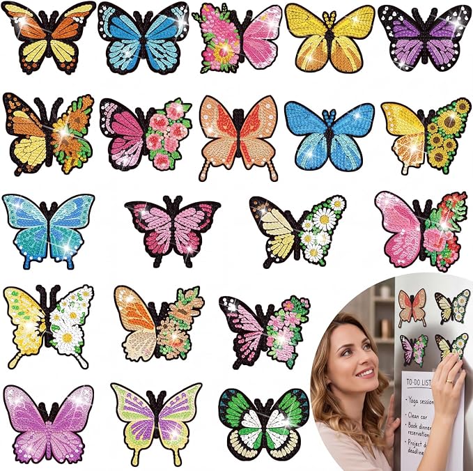 Umigy 20 Pcs Butterfly Diamond Painting Magnets Butterfly Diamond Art Stickers Refrigerator Painting Kits for Christmas Fridge Stickers(Butterfly)