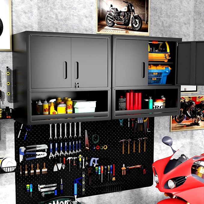 Metal Storage Cabinet for Garage, Tool Cabinet, Utility Cabinet | Wall Mounted, Hanging Tool Cabinet, Lockable, 2 Doors, Open Storage Compartment, Assembly Required, Black