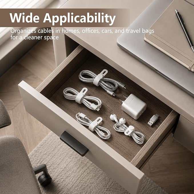 10PCS Silicone Cable Straps Reusable Cord Organizer (White) | Stretchable Soft Silicone Cord Wraps with Adjustable Snaps to Secure Charging Cables, Headphones & Travel Electronics