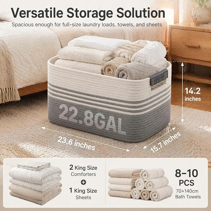 Cotton Rope Laundry Basket Extra Large, 22.8GAL Collapsible Woven Storage Baskets for Living Room Kids Toys Stuffed Animal,Boho Rectangular Decorative Hamper for Dirty Clothes, Blankets White Grey