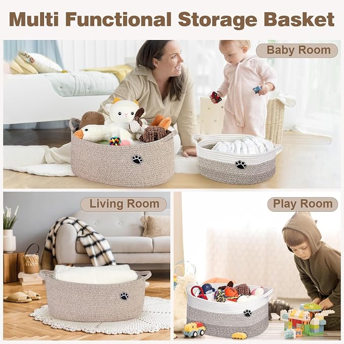Optish 40L Extra Large Dog Toy Basket, 20" x 14" x 9" XL Toy Storage Box and Bin with Handles, Woven Cotton Rope Foldable Basket for Blankets, Living Room, Bedroom, Home Decor, Brown