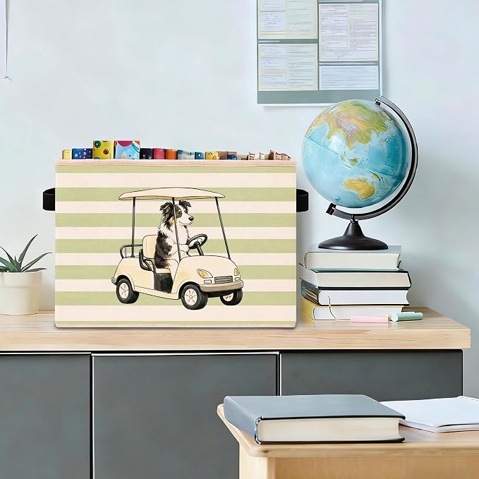 Golf Dog Green Stripe Foldable Fabric Storage Bin | Dog driving golf cart green stripe design; foldable fabric storage bin for kids room, nursery, or playroom.