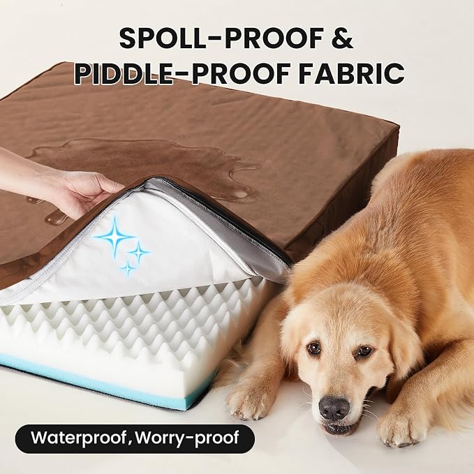OhGeni Orthopedic Waterproof Large Dog Bed, Memory Foam, 41 inch(Brown) | Machine-Washable Removable Cover in Easy-Clean Fabric, Reversible Memory Foam & Easy-Carry Handle, Suitable for Crate