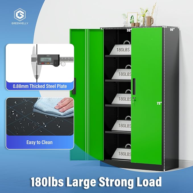 Greenvelly Metal Storage Cabinet with Doors and Shelves, 72" Inch Locking Metal Cabinet,Garage Storage Cabinet for Garage Office School Warehouse (Black Green)