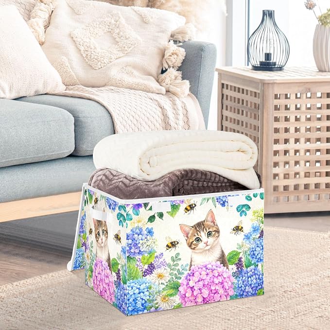 Fabric Storage Bins with Lid Cat Bloom Closet Storage Basket 40L | Decorative Storage Boxes, Foldable & Stackable, Dust-Proof Flip Top, Reinforced Handles, For Home & Dorm, Clothes & Toy Box