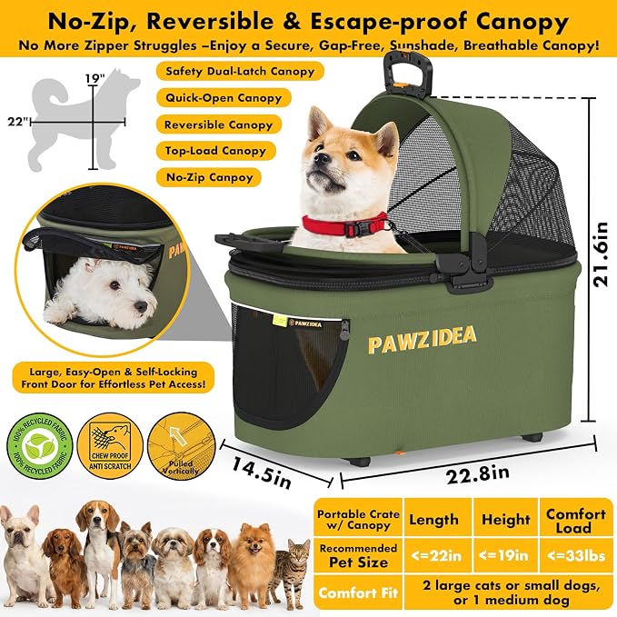 PAWZIDEA Pet Stroller 4-in-1, Foldable Cat Stroller with Detachable Carrier | Escape-Proof No-Zip Canopy, Portable Travel Crate & Car Seat Combo, for Small to Medium Dogs & Cats up 33 lbs, Storage Basket